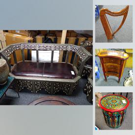 MaxSold Auction: This online auction features Moroccan items such as furniture, tiles tray, mirror, decor, lanterns, rugs, lamps, basket bags and more. Driftwood sculpture, massage table, Wood harp, picture holder and much more.