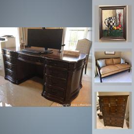 MaxSold Auction: This online auction features dining room furniture, desk, MCM sofa, Japanese silkscreen, Bernhardt bedroom furniture, vintage China, Murano glass, Kodak camera and much more!