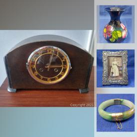 MaxSold Auction: This online auction features art deco mantle clock, stamps, Moorcroft vase, art glass, Dzi bead, Jade jewelry, silver jewelry, art glass and much more!