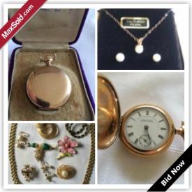 MaxSold Auction: This online auction features Sterling Ring Size 10, Sterling Earrings, 10k Gold Pearl Necklace Earrings, Ladies Gold Filled Pocket Watch Regina, Gold Tone Necklaces, Baseball & NFL Cards 1990-92 Unopened, Designer Signed Jewelry, Five 10k Gold Charms and much more!