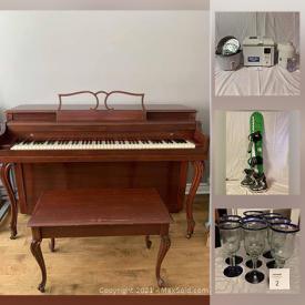 MaxSold Auction: This online auction features a piano, MCM furniture such as a 4 seater sofa, framesets, glassware, napkin rings, books, clothing, wet suits, coffee table, dresser and changing table, Nordictrack pilates machine, skis and much more!