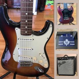 MaxSold Auction: This online auction features Fender Stratocaster guitar, mini-fridge, leather furniture, Gibson guitar, camping gear, art glass, power washer, vintage official NHL jerseys, lawnmower, Wicker wardrobe and much more!