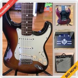 MaxSold Auction: This online auction features Fender Stratocaster guitar, mini-fridge, leather furniture, Gibson guitar, camping gear, art glass, power washer, vintage official NHL jerseys, lawnmower, Wicker wardrobe and much more!