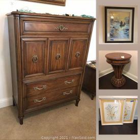 MaxSold Auction: This online auction features Ethan Allen furniture, costume jewelry, watches, framed wall art, Henredon furniture, wall mirrors, drafting table, safety gates TV, freezer, Wicker patio set and much more!