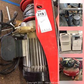 MaxSold Auction: This online auction features cabinets, file cabinets, steel doors, desk and chairs, winch, compressors, door hardware, drill press, contractor saw, lighting fixtures, floor fans, saw blades, tools, power tools, speakers, office supplies, planters, metal shelving and much more!