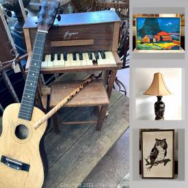 MaxSold Auction: This online auction features MCM furnishings, vintage wood skis, antique crock, antique brass bed, Teak bowls, vintage clothing, Giclee prints, art pottery and much more!