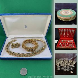 MaxSold Auction: This online auction features necklaces, earrings, brooches and other jewelry, antique glasses, porcelain serving plates, pedestal bowl, 1860 pewter teapot, covered server, antique pewter mugs, Spongeware, English cut crystal wine decanters, silverplated cutlery and much more!