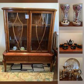 MaxSold Auction: This online auction features antique cranberry glass, grandfather clock, art glass, teacups, garden statue, Belleek China, MCM furniture, MCM crystal decanter, NIB compact bar fridge and much more!