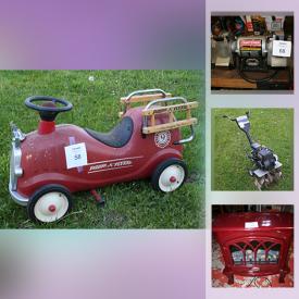 MaxSold Auction: This online auction features furniture such as wingback chairs, folding chairs, vintage end table, wooden school chair, waterfall dresser, china cabinet and more, vintage toys, vintage glass lamp, upright freezer, Fiestaware, opera glasses, yard ornaments, rototiller, vintage Radio Flyer ride on, bokes, ladder, lamps, prints, signs and much more!