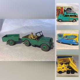 MaxSold Auction: This online auction features various die cast toys to include vintage Corgi, vintage matchbox, vintage Lesney, vintage Dinky, vintage Husky, Aurora, Mantua and Pemco Trains and much more.