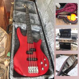 MaxSold Auction: This online auction features several musical instruments acoustic guitar, Fender guitar, electric guitars, trumpet, snare drum, drum set, harp, clarinet, Fender music mixer, Banjo, cabinets, Jacuzzi tub, lawnmower, electronics, gardening, snow blower and much more.