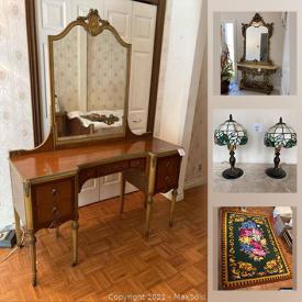 MaxSold Auction: This online auction features patio furniture, cranberry glass, steins, decorative porcelain, leather handbags, Cuckoo clock, German Rumtopf set, Tiffany-style lamps, Victorian-style desk, and much more!