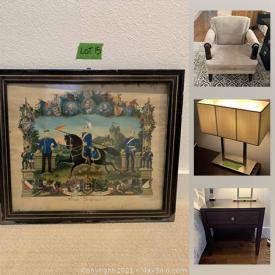 MaxSold Auction: This online auction features room & board furniture such as a sofa, oversized chair, shelf units, narrow table, tufted armchair, lamp, 6 drawer dresser, Wii, Asus router, antique artwork and much more!