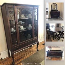 MaxSold Auction: This online auction features a Gibbard vintage china cabinet, buffet, highboy server, antique dresser, single chairs, coffee table, double bed, vases, brass bowl, incense burner, vintage Singer sewing machine, exercise machine and much more!