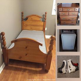 MaxSold Auction: This online auction features a solid wood twin bed frame, Ikea Fjellse twin bed frames, seating bench, wood dresser, baseball catcher knee pads, mitts, goalie pants, shoulder pads, Lacrosse equipment, dirt bike, goalie skates, hockey shin pads, mini hockey net, Samsung washer and dryer, bikes, kitchen table and wooden chairs, dining table and chairs and much more!