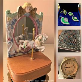 MaxSold Auction: This online auction features Gold and Diamond jewelry, Sterling, art deco rugs and glass, antique furniture, Kerry glass, Peter Bates cameo, Meakin china, Murano, Ontario soccer pennants and trophies, antique Epergne lamp, Persian rug and much more!