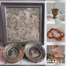 MaxSold Auction: This online auction features Antique Hat Pins & Holder, Antique Furniture, Antique Stoneware, Antique Wall Telephone, Antique Bottles, Antique Sad Irons, Dresser Jars, Cast Iron Bank, Egyptian Lamps and much more!