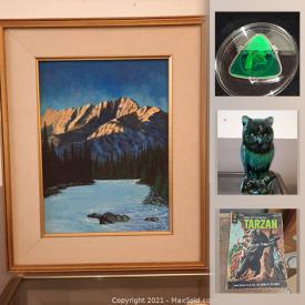 MaxSold Auction: This online auction features antique bottle, crock, art glass, soapstone carving, jewelry, Tiki mask, comics, coins, banknotes, pool cue, art pottery, China hutch and much more!