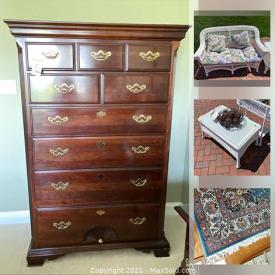 MaxSold Auction: This online auction features furniture such as a Thomasville dresser, mirror, bed frame, wicker patio furniture, stacking tables, display table, harp table, curio cabinet and more, linens, small kitchen appliances, lamps, grandmother clock, Gorham china, Lenox stemware, decor, rug, blue and white china decor, wall art, florals, decanters, dishware, power washer, cleaning tools, tools, books, office items and much more!