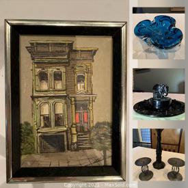 MaxSold Auction: This online auction features MCM pottery, framed artwork, art glass, depression glass elephants, iron wine racks, binoculars, tie collection, watches, men's bike helmets, costume jewelry and much more!