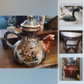 MaxSold Auction: This online auction features coins & banknotes, Satsuma Dragon teapot, Amphora vase, Royal Doulton figurines, Hummels, Inuit carving, cast iron toys, rings, antique furniture, drums, Cranberry glass and much more!