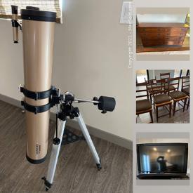 MaxSold Auction: This online auction features solid oak and pine bedroom and living room furniture sets, Munire cabinets, bookshelves from IKEA, Panasonic TVs, recliner, high top table, hand-woven rug, telescope and samovar, Craftsman tools and much more!