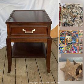 MaxSold Auction: This online auction features jewelry, MCM glass, vintage furniture, vintage tins, comics, pin backs, vintage lights, crocks, coca-cola sign and much more.