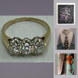 MaxSold Auction: This online auction features vintage gold rings, Andrew Plum signed artwork, vintage Skylark violin, Fender Squire acoustic guitar, Floyd Kuptana painting, African Masai beaded collar/jewelry. Cross Country Skis, Czechoslovakia glass champagne flutes, glass perfume bottles, teacups and much more!
