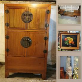 MaxSold Auction: This online auction features Chinese fruitwood Armoire, cast iron bathtub, standing refrigerator, keyboard, antique furniture, antique pump organ, militaria pins, buttons and medals, teacups, chest freezer and much more!