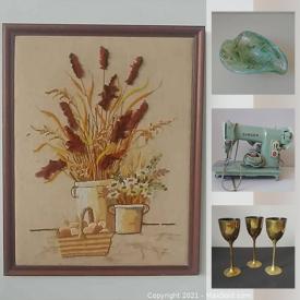 MaxSold Auction: This auction features vintage and Retro furniture, antique sewing machines, signed vases, mid-century modern MCM, sculptures, depression glass and much more.