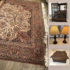 MaxSold Auction: This online auction features antique furniture, Coalport Indian Tree China, art glass, vintage Teak wall carving, Plasma HDTV, stamp collection, vintage Chinese silk coats and much more!