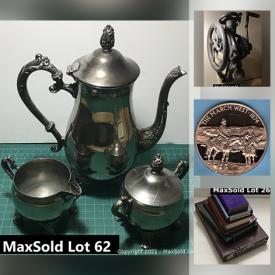 MaxSold Auction: This online auction features books, insulators, ice bucket, mixed decor, prints, Christmas ornaments, antique wall mount drill press, brass items, wicker lamps, crates, coins, vintage bottles, DVDs, canvas rolls, coat rack, tea posters, vintage food grinder and much more!