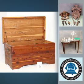 MaxSold Auction: This online auction benefits The Historical Society of the Phoenixville area and features cedar chest, New Revere Ware, Toys, Majolica, Bundy Trombone, coins, Stereoviews cards, jewelry, Andrew Wyeth prints, vintage mouton coat, TV, electric guitar, church altar and much more!