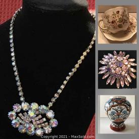 MaxSold Auction: This online auction features collectible teacups, collectible plates, ball jug pitcher, Carnival glass, Jade pendants, vintage jewelry, pearls, men’s rings, jewelry boxes, wall pockets, Turquoise jewelry, Pinocchio charm pendant, doll furniture and much more!