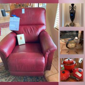 MaxSold Auction: This online auction features new Leather Lazy Boy recliner, Leather couch, Home decor, Leather bar stools, tea cart, Le Creuset cookware, Le Creuset kettle, outdoor patio furniture, outdoor metal decor, area rugs, lamps, office furniture and much more.