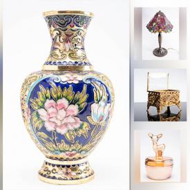 MaxSold Auction: This online auction features Thom Thompson print, gold pendant, Tiffany-style lamp, costume jewelry, antique sewing machine, carnival glass, MCM teapots, wicker baskets and much more!