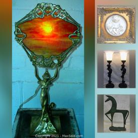 MaxSold Auction: This online auction features signed artwork, art Nouveau Lamps, antique Chinese pieces, stained glass, concert equipment, MCM pottery, Canvas paintings, statues, sculptures and much more.