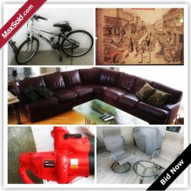 MaxSold Auction: This online auction features Corner Sofa, Floor Lamp, Candleabra, Leather Ottoman, Metal Wall Art, Wii and Games, Numbered Print, Cameras, Two Way Radios, Fur Cushion and Large Hurricane, Jug and Platters, Ballerina and Bicycle Rider, Bathroom Items, Green Plates and Serviettes, Memorah, Clear Glass Items, Serveware and much more!