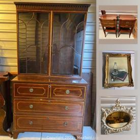 MaxSold Auction: This online auction features framed artwork, antique Chinese Bench, Persian rugs, mirrors, Mahogany chest of drawers, Limoges China, depression glass, brass candlesticks, vintage mink fur coat and much more.