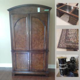 MaxSold Auction: This online auction features an entertainment cabinet, ladders, planters, frames, office items, utility table, entertainment cabinet, prints, wine racks, vases, decor, kitchenware, rugs, lamps, artificial flowers, cabinet mount radio, pear drum set, golf clubs, luggage and much more!