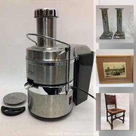 MaxSold Auction: This online auction features small kitchen appliances, TV, art glass, Artisan crafted handmade teacups, cranberry glass, blue milk glass, vintage hanging lanterns, silver plate serving ware, vintage mantel clocks, antique cast iron stove and much more!