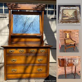 MaxSold Auction: This online auction features antique furniture, fur coat, antique waffle iron, antique beaded silk purse, Persian carpets, slag glass, antique bottles, antique golf clubs, TV, jewelry, antique humpback trunk, vintage sideboard and much more!