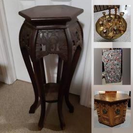 MaxSold Auction: This online auction features furniture such as an end table, headboard, antique dresser, plant stand and more, trailer, tires, small kitchen appliances, bird statue, home decor, serving hars, milk glass, clay jugs, putters, dolly, mugs and much more!