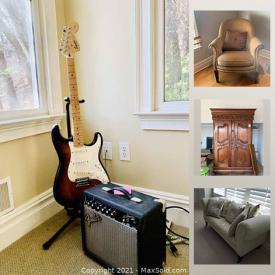 MaxSold Auction: This online auction features small kitchen appliances, printer, water cooler power tools, exercise equipment, guitars, office supplies seagrass headboard, Ballard Settee, zero gravity chairs, patio set, karaoke machine, and much more!