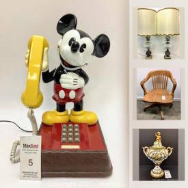 MaxSold Auction: This online auction features DISNEY Products, vintage furniture, Crystal, Red Lacquer glasses, Hurricane lamps and much more.