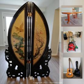 MaxSold Auction: This online auction features Yamaha guitar, Byobu, screen, Teak furniture, Wedgwood, IRobot, electronics, lawnmower, lamps and much more.