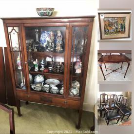 MaxSold Auction: This online auction features antique engraving, vintage grandfather clock, antique barristers bookcases, Murphy bed, steamer trunk, vintage cranberry decanter, Imari bowl, collectible teacups, coalport Indian Tree China, milk glass, small kitchen appliances, sterling silver, dresser sets, gold rings and much more!