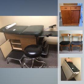 MaxSold Auction: This auction features Teak chairs, office furniture, artwork, shelving, bookcases, refrigerator, vacuum, apple monitor, examination table and much more.