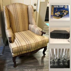 MaxSold Auction: This online auction features a Massoud armchair, framed prints, electronics, beanie babies, kitchenware and servingware, china, Christmas items, vintage wedding dresses, autographed photos and much more!