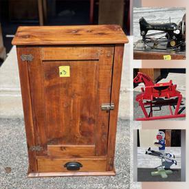 MaxSold Auction: This online auction features antique furniture, Tom Brady Wind spinner, antique lamps, vintage Bullseye mirrors, stoneware, China, antique scales, vintage fishing poles, Roseville, crocks, legos and much more.